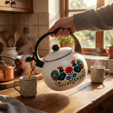 Meyerhoff White Folk fluitketel 2,2L – Emaille inductie fluitketel – Traditioneel folk design met kip – Wit