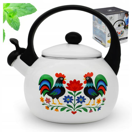 Meyerhoff White Folk fluitketel 2,2L – Emaille inductie fluitketel – Traditioneel folk design met kip – Wit