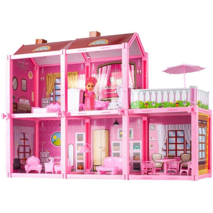 Poppenhuis villa met 2 verdiepingen inclusief accessoires en pop roze 60 x 17 x 44 cm