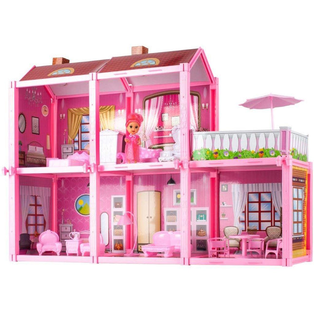 Poppenhuis villa met 2 verdiepingen inclusief accessoires en pop roze 60 x 17 x 44 cm