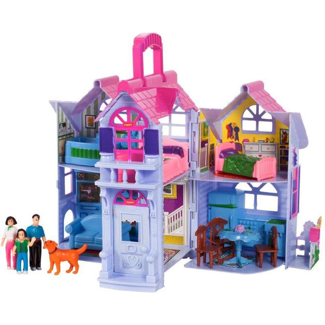 MalPlay Opvouwbaar Villa Poppenhuis met Meubels 18 cm - Landelijk Poppenhuis - Familiefiguren en Hond