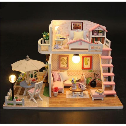 Ikonka DIY Modelbouw Poppenhuis Twee Verdiepingen LED 19,5 cm - Pink Loft Miniatuurhuisje - Bouwpakket