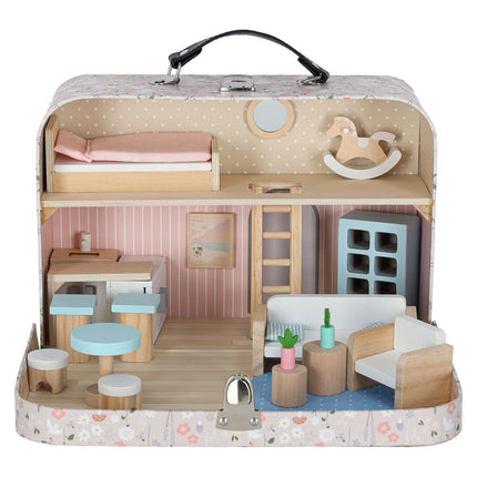Poppenhuis in Koffer met Houten Meubels – Mini Draagbaar Poppenhuis met Accessoires – Creatief Speelgoed vanaf 3 Jaar