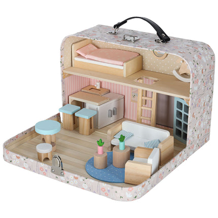 Poppenhuis in Koffer met Houten Meubels – Mini Draagbaar Poppenhuis met Accessoires – Creatief Speelgoed vanaf 3 Jaar