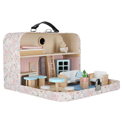 Poppenhuis in Koffer met Houten Meubels – Mini Draagbaar Poppenhuis met Accessoires – Creatief Speelgoed vanaf 3 Jaar