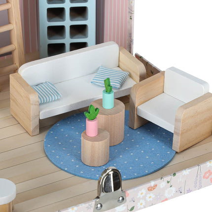 Poppenhuis in Koffer met Houten Meubels – Mini Draagbaar Poppenhuis met Accessoires – Creatief Speelgoed vanaf 3 Jaar