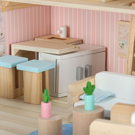 Poppenhuis in Koffer met Houten Meubels – Mini Draagbaar Poppenhuis met Accessoires – Creatief Speelgoed vanaf 3 Jaar
