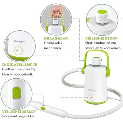Costway Handstoomreiniger 1000W – Groen/Wit – 300 ml – 12 min Stoom – 10-delige Accessoireset – Voor Tapijt, Ramen & Bekleding