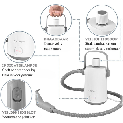 Costway Handstoomreiniger 1000 W – 300 ml Waterreservoir – 10-Delige Accessoireset – Voor Tapijt, Ramen, Bekleding – Grijs/Wit
