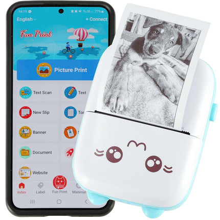 Ikonka Mini Thermische Printer Kat Voor Labelfoto's + Usb-Kabel Blauw - Labelprinter Foto Printer - 12cm