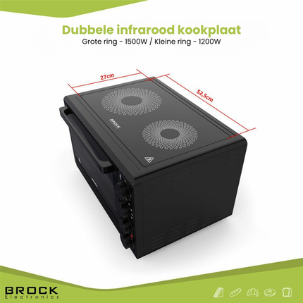 BROCK Elektrische Mini Oven 50L met 2 Keramische Kookplaten – 1800W Vrijstaande Combi Convectie Oven met Grill – Zwart