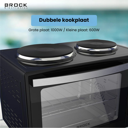 BROCK Elektrische Mini Oven 30L met 2 Kookplaten – Combi Convectieoven & Grill – 1600W – Vrijstaande Compacte Oven voor Keuken of Camping – Zwart