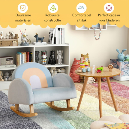 Trendmix Kinderschommelstoel Blauw – Fluweel – Ergonomisch – Schommelstoel Kind 3-5 Jaar – Regenboogdesign – 50 × 46 × 45 cm