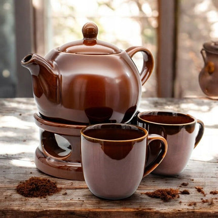 Bella Fiore Theepot met Warmer – 1L Porseleinen Theeset met 2 Mokken – Bruin – Luxe Cadeau voor Theeliefhebbers