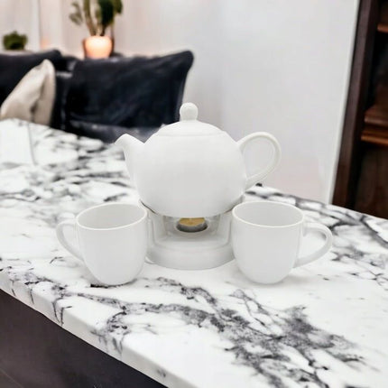 Bella Fiore Porseleinen Theepot met Warmer – 1L Theeset met 2 Witte Mokken – Luxe Geschenkdoos voor Theeliefhebbers