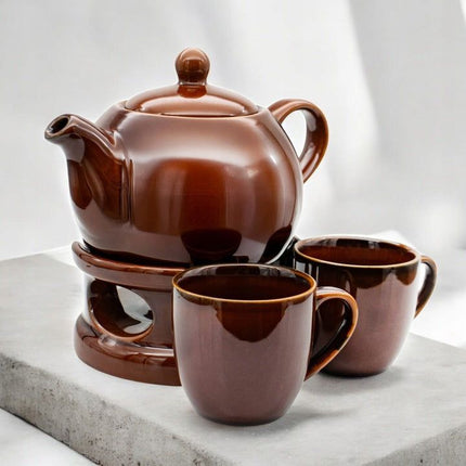 Bella Fiore Theepot met Warmer – 1L Porseleinen Theeset met 2 Mokken – Bruin – Luxe Cadeau voor Theeliefhebbers