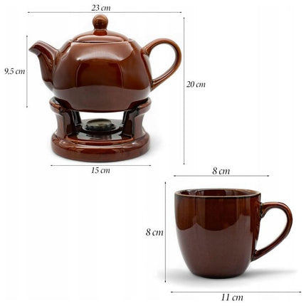 Bella Fiore Theepot met Warmer – 1L Porseleinen Theeset met 2 Mokken – Bruin – Luxe Cadeau voor Theeliefhebbers