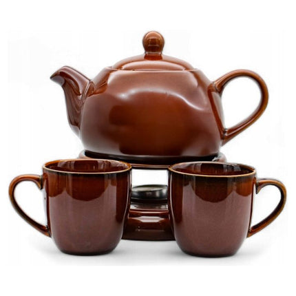 Bella Fiore Theepot met Warmer – 1L Porseleinen Theeset met 2 Mokken – Bruin – Luxe Cadeau voor Theeliefhebbers