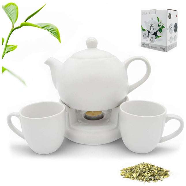 Bella Fiore Porseleinen Theepot met Warmer – 1L Theeset met 2 Witte Mokken – Luxe Geschenkdoos voor Theeliefhebbers