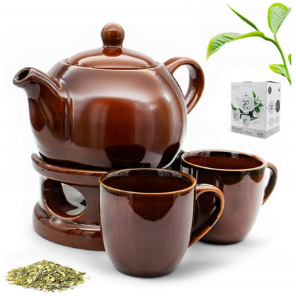 Bella Fiore Theepot met Warmer – 1L Porseleinen Theeset met 2 Mokken – Bruin – Luxe Cadeau voor Theeliefhebbers