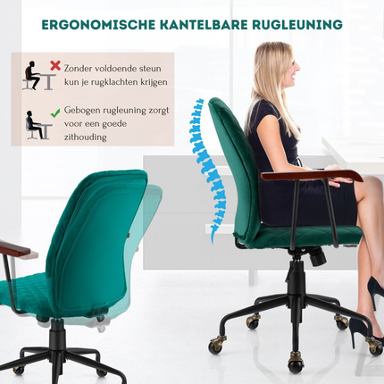 Trendmix Fluwelen Bureaustoel Groen – Ergonomisch – Verstelbare Zithoogte – Kantelbare Rug – Draaibaar – 150 kg Draagvermogen – Retro Thuiskantoorstoel