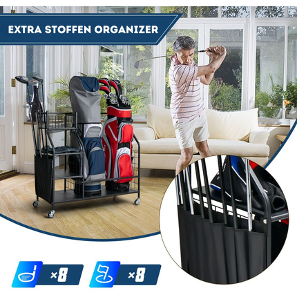 Trendmix Golftas opslagrek Metaal Zwart 95 cm x 40 cm x 94 cm - Garage Organizer Dubbele Golftas Standaard - 4 Universele Wielen Met Rem