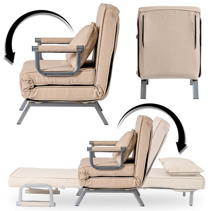 2de kansje Mebel Elite Bart Luxe 3-in-1 Uitklapbare Slaapstoel Beige - Inklapbare Slaapbank Met 5 Standen Verstelbare Rugleuning - Belastbaar Tot 125 kg - Moderne Slaapfauteuil - Logeerbed