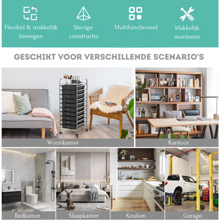 Trendmix Opbergwagen met 10 Lades en Wielen – Zwart – Metaal & PP – Organizer op Wielen voor Kantoor, Salon of Thuisgebruik