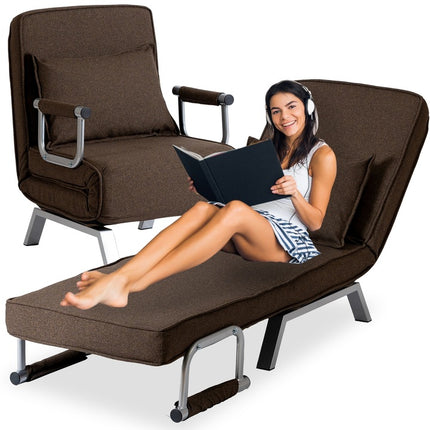 Mebel Elite Bart Luxe 3-in-1 Uitklapbare Slaapstoel Bruin - Inklapbare Slaapbank Met 5 Standen Verstelbare Rugleuning - Belastbaar Tot 125 kg - Moderne Slaapfauteuil - Logeerbed