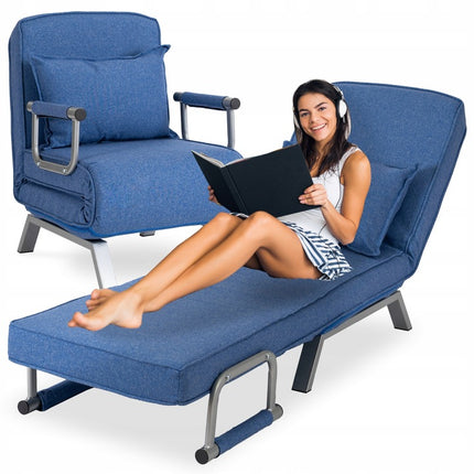 Mebel Elite Bart Luxe 3-in-1 Uitklapbare Slaapstoel Blauw - Inklapbare Slaapbank Met 5 Standen Verstelbare Rugleuning - Belastbaar Tot 125 kg - Moderne Slaapfauteuil - Logeerbed