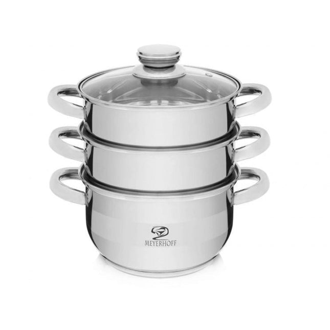 Meyerhoff Stoompan RVS 4-delig Ø22 cm – 3.5L – Inductiegeschikt – Voor Groenten, Dim Sum & Babyvoeding – Met Glazen Deksel & 2 Stoominzetten