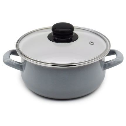 Emaille Kookpan 1,8 Liter – Emaille Pan 18 cm – Glazen Deksel – Grijs