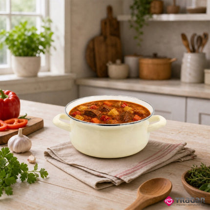 Emaille Kookpan met Glazen Deksel 2,5 Liter – 20 cm – Geëmailleerde Pan – Crème