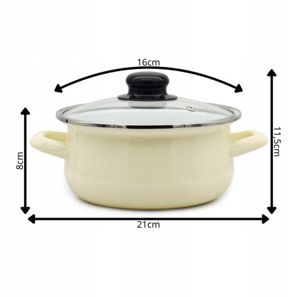 Emaille Kookpan met Glazen Deksel 1,2 Liter – 16 cm – Geëmailleerd Staal – Crème