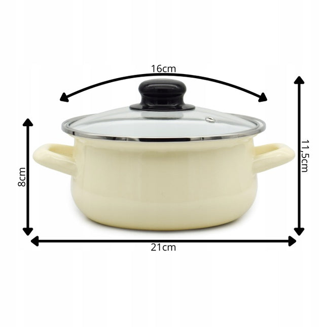 Emaille Kookpan met Glazen Deksel 1,2 Liter – 16 cm – Geëmailleerd Staal – Crème