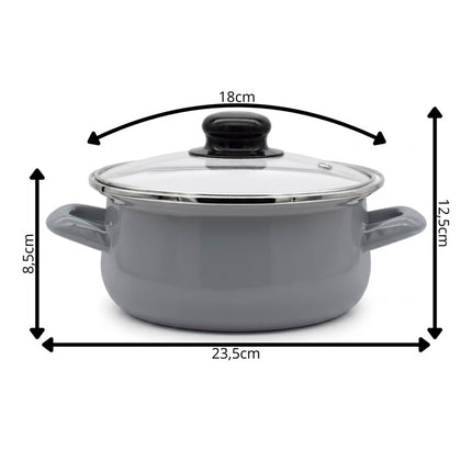 Emaille Kookpan 1,8 Liter – Emaille Pan 18 cm – Glazen Deksel – Grijs