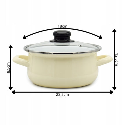 Emaille Kookpan met Glazen Deksel 1,8 Liter – 18 cm – Geëmailleerde Pan – Crème
