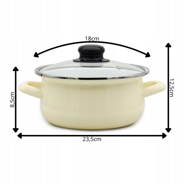 Emaille Kookpan met Glazen Deksel 1,8 Liter – 18 cm – Geëmailleerde Pan – Crème