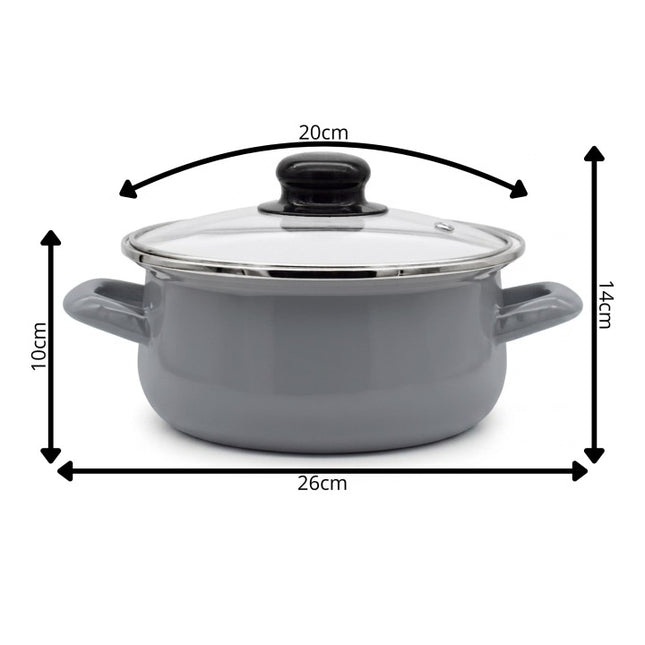 Emaille Kookpan 2,5 Liter – Emaille Pan 20 cm – Glazen Deksel – Grijs