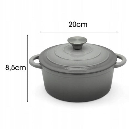 Gietijzeren Braadpan 20 cm – 2 Liter Geëmailleerde Gietijzeren Pan met Deksel – Inductie – Stoofpan – Grijs