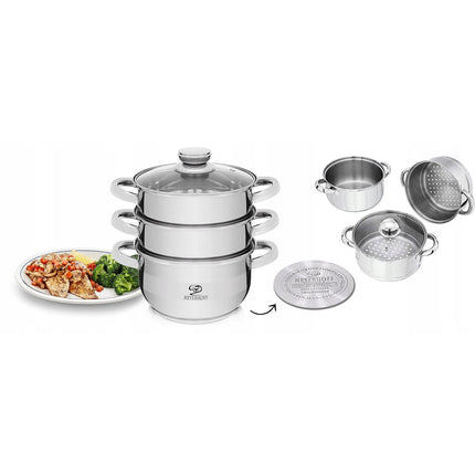 Meyerhoff Stoompan RVS 4-delig Ø22 cm – 3.5L – Inductiegeschikt – Voor Groenten, Dim Sum & Babyvoeding – Met Glazen Deksel & 2 Stoominzetten
