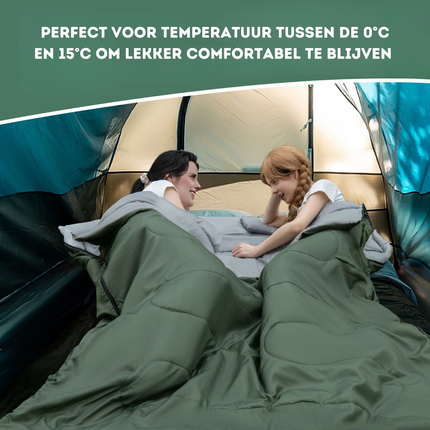Trendmix Dubbele Slaapzak 2-in-1 – Waterdicht – Inclusief 2 Kussens & Draagtas – 220x150 cm – Groen / Grijs – Voor Kamperen & Outdoor