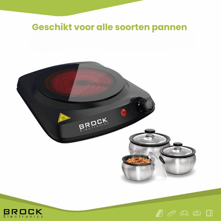 BROCK 1-Pits Infrarood Elektrische Kookplaat – 1200W Compact Kooktoestel met Temperatuurregeling – Zwart – Ø17,7 cm