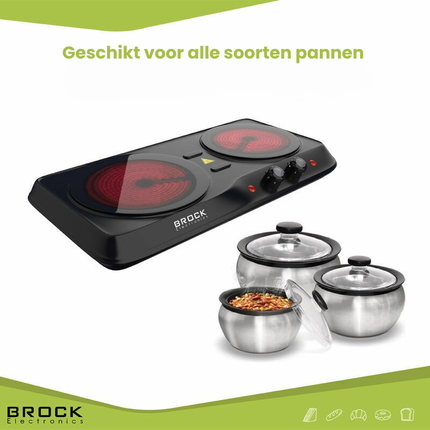 BROCK 2-Pits Infrarood Elektrische Kookplaat – 1200 + 800W – Glazen Platen – Compact & Krachtig – Zwart