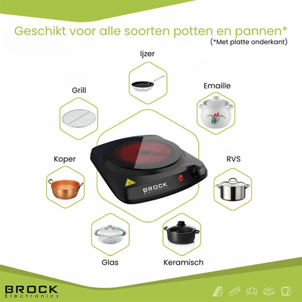BROCK 1-Pits Infrarood Elektrische Kookplaat – 1200W Compact Kooktoestel met Temperatuurregeling – Zwart – Ø17,7 cm