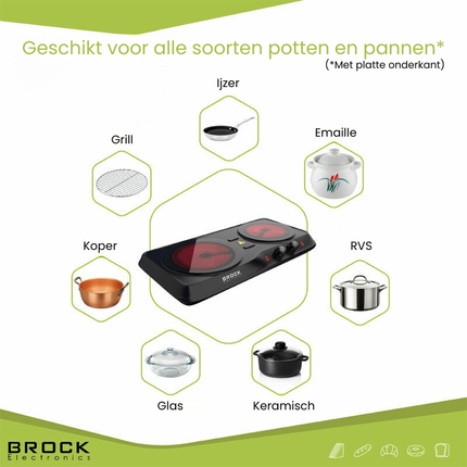 BROCK 2-Pits Infrarood Elektrische Kookplaat – 1200 + 800W – Glazen Platen – Compact & Krachtig – Zwart