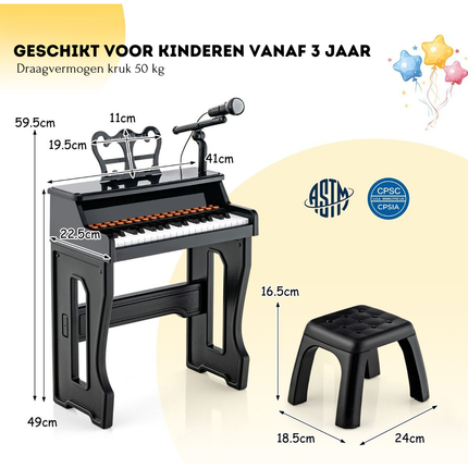 Trendmix 37 Toetsen Elektronisch Kinderpiano - Kinderpiano met kruk, Microfoon en Bladmuziekstandaard  - Piano voor kinderen vanaf 3 jaar- 41 x 22,5 x 49 cm Zwart