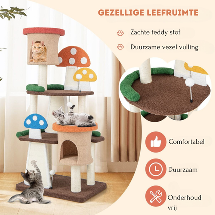 Trendmix Krabpaal voor Katten Paddenstoellook 2 Platforms 69 x 49 x 146 cm – Kattenboom met Kattenmand – Sisal Krabplank en Speelbal
