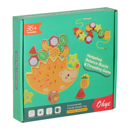 Montessori Behendigheidsspel – Houten Evenwichtsspel Egel met Fruit en Rijgdraad – Educatief Speelgoed vanaf 3 Jaar