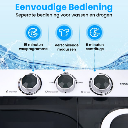 Costway XL Camping Wasmachine - Dubbele Trommel 6,5 kg Was & 2 kg Centrifugecapaciteit - Compacte Wasmachine – Studenten Wasmachine Zwart